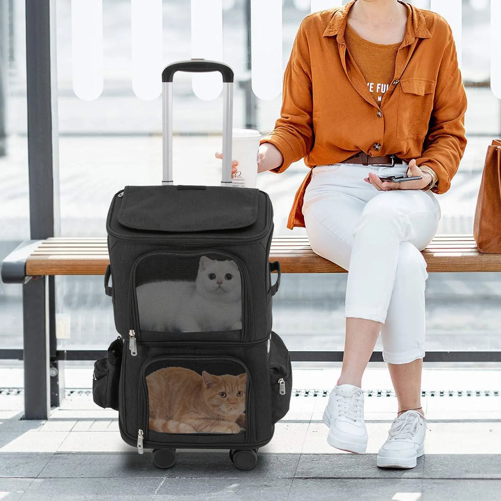 Double-Compartment Pet Rolling Carrier Cat Carrier w/Wheels Ventilated Design Pet Trolley Bag for 2 Pets Traveling, Camping