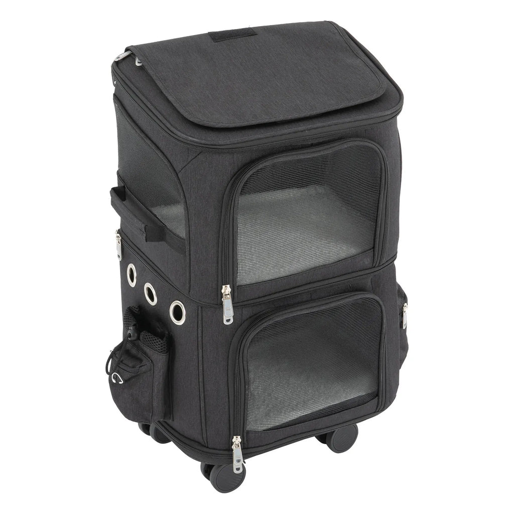 Double-Compartment Pet Rolling Carrier Cat Carrier w/Wheels Ventilated Design Pet Trolley Bag for 2 Pets Traveling, Camping