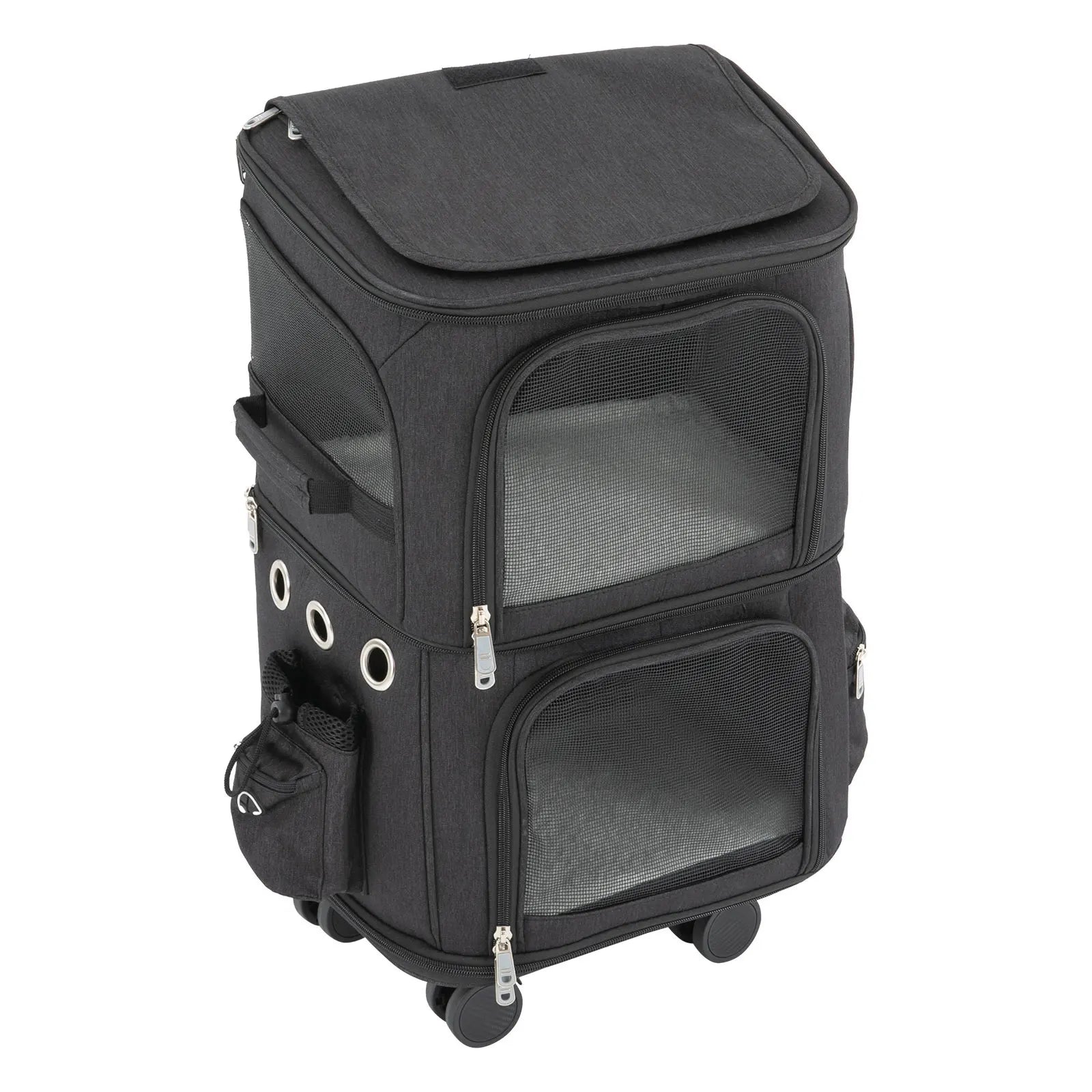 Double-Compartment Pet Rolling Carrier Cat Carrier w/Wheels Ventilated Design Pet Trolley Bag for 2 Pets Traveling, Camping