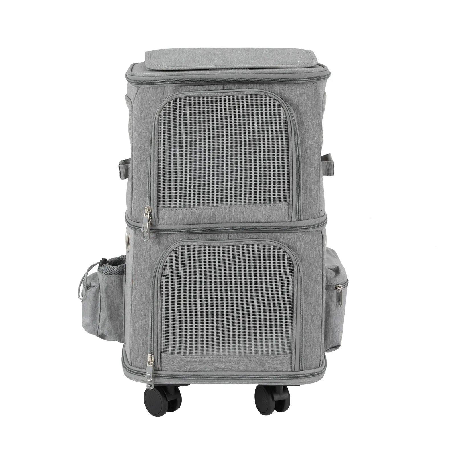 Double-Compartment Pet Rolling Carrier Cat Carrier w/Wheels Ventilated Design Pet Trolley Bag for 2 Pets Traveling, Camping