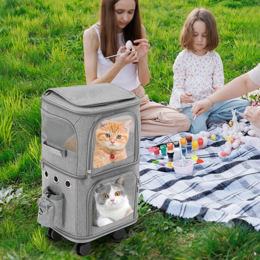 Double-Compartment Pet Rolling Carrier Cat Carrier w/Wheels Ventilated Design Pet Trolley Bag for 2 Pets Traveling, Camping