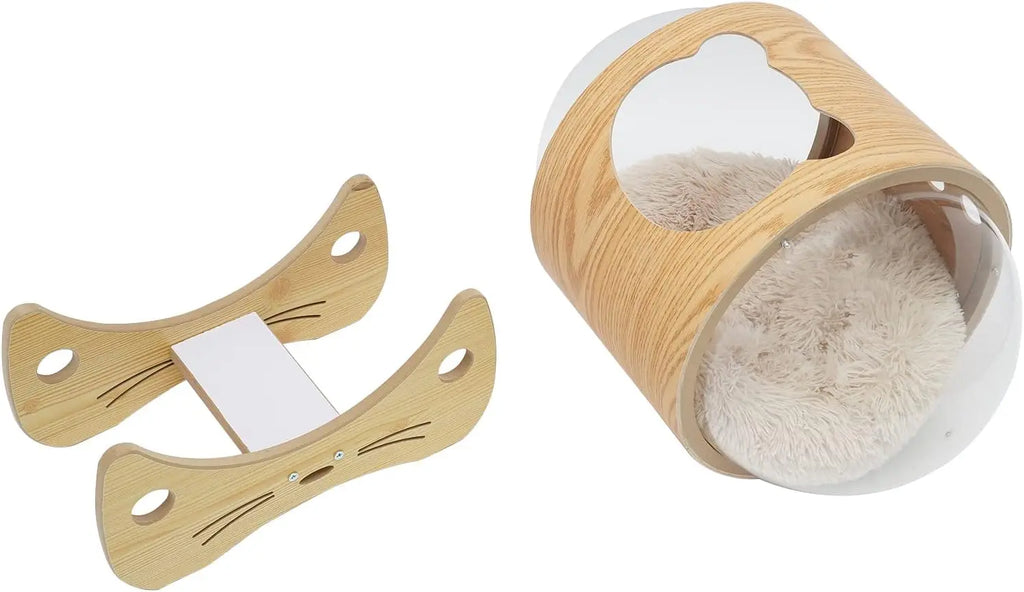 Luxury Cat Pod Bed, Wooden Frame with Clear Acrylic Dome & 3.9" Thick Cushion, Supports 18.7lb Pets (Ventilation Holes)