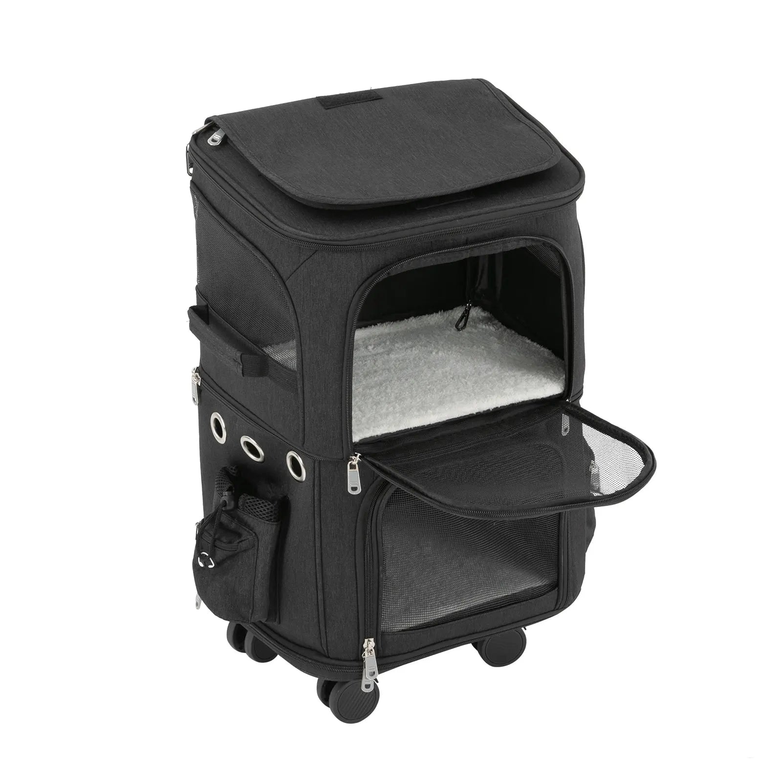 Double-Compartment Pet Rolling Carrier Cat Carrier w/Wheels Ventilated Design Pet Trolley Bag for 2 Pets Traveling, Camping