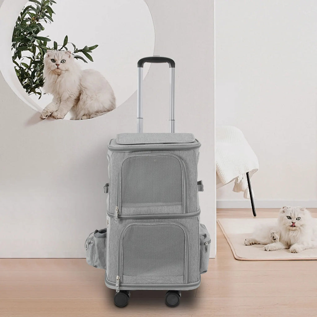 Double-Compartment Pet Rolling Carrier Cat Carrier w/Wheels Ventilated Design Pet Trolley Bag for 2 Pets Traveling, Camping