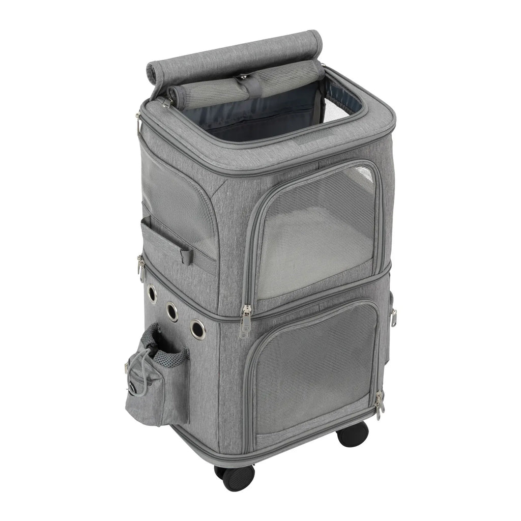 Double-Compartment Pet Rolling Carrier Cat Carrier w/Wheels Ventilated Design Pet Trolley Bag for 2 Pets Traveling, Camping