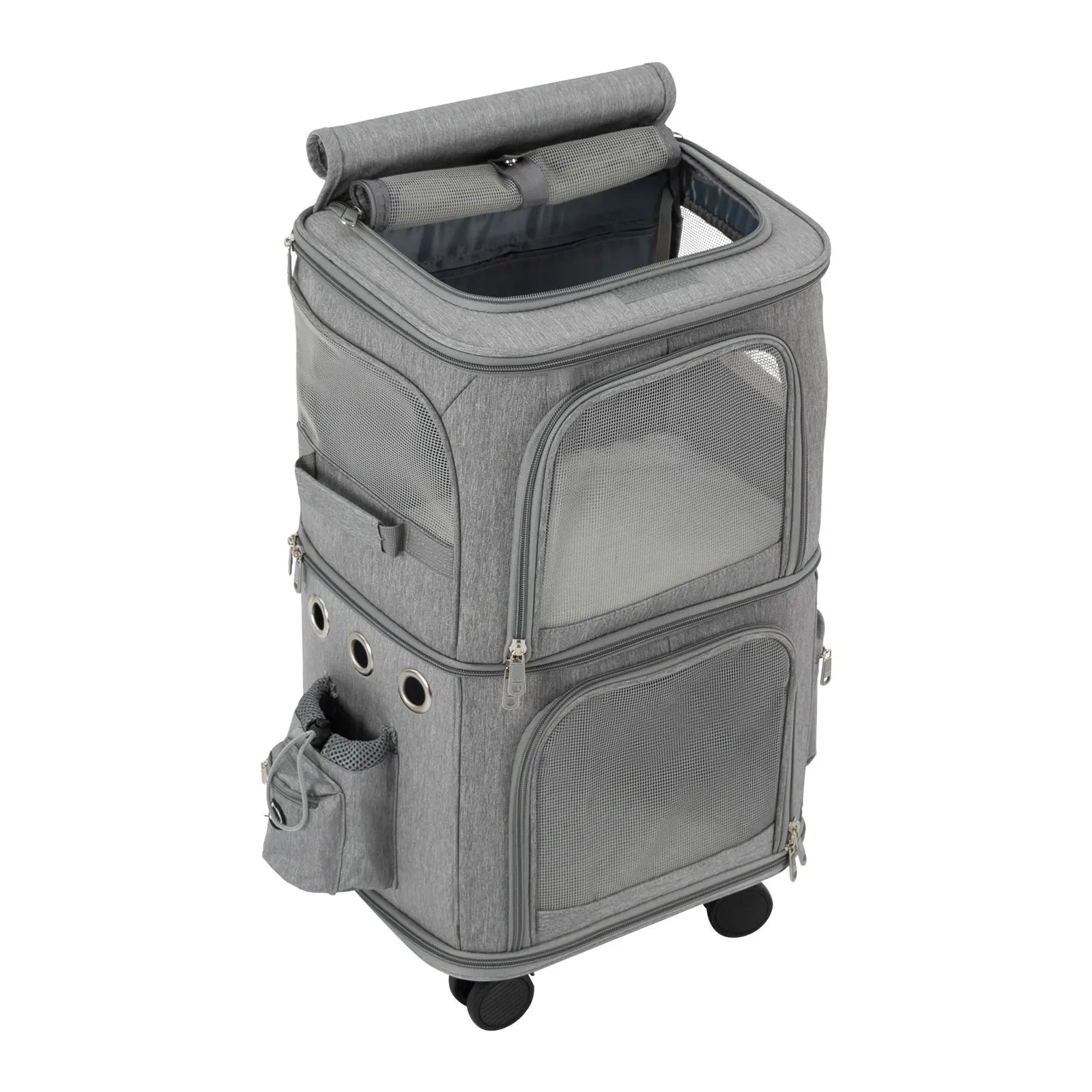 Double-Compartment Pet Rolling Carrier Cat Carrier w/Wheels Ventilated Design Pet Trolley Bag for 2 Pets Traveling, Camping