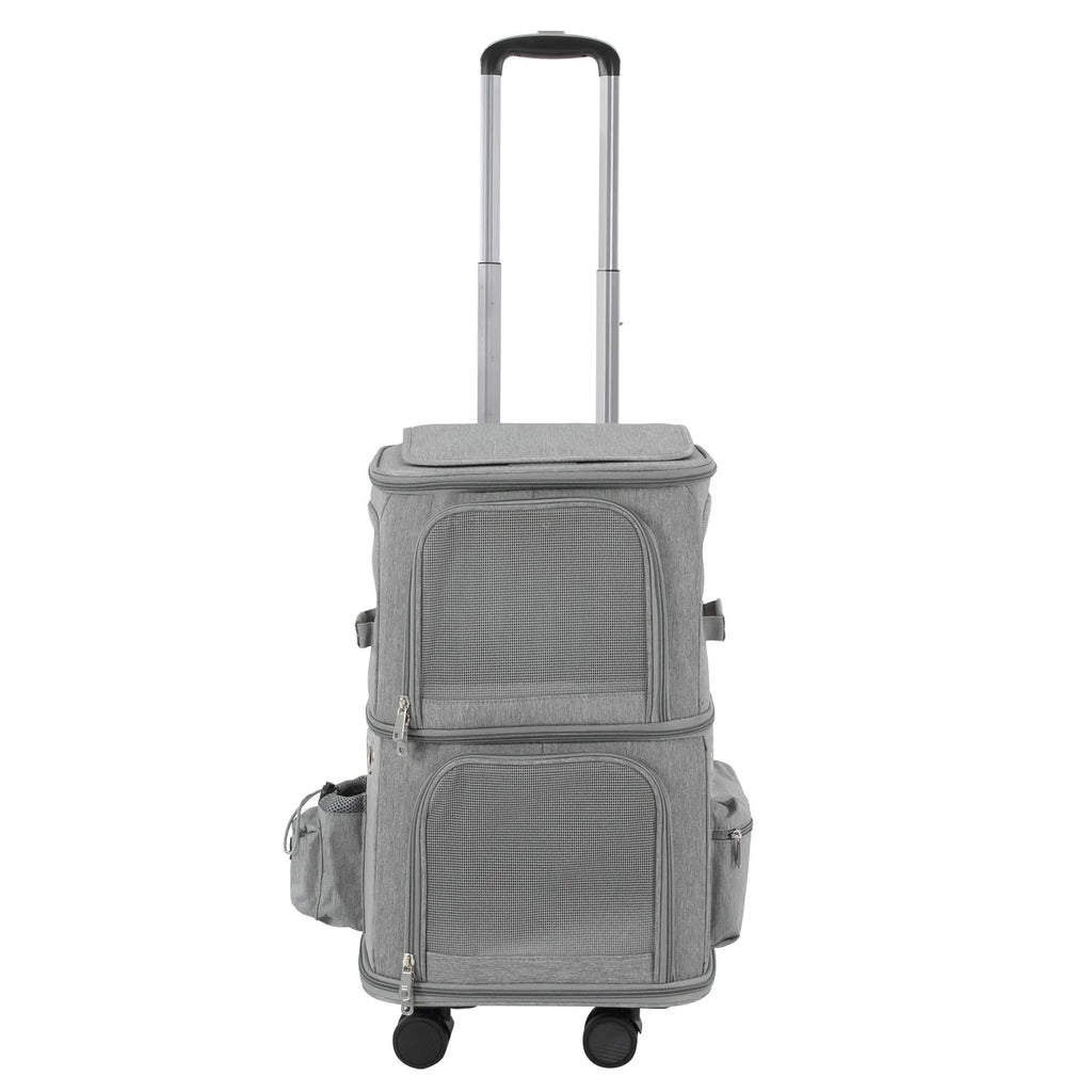 Double-Compartment Pet Rolling Carrier Cat Carrier w/Wheels Ventilated Design Pet Trolley Bag for 2 Pets Traveling, Camping