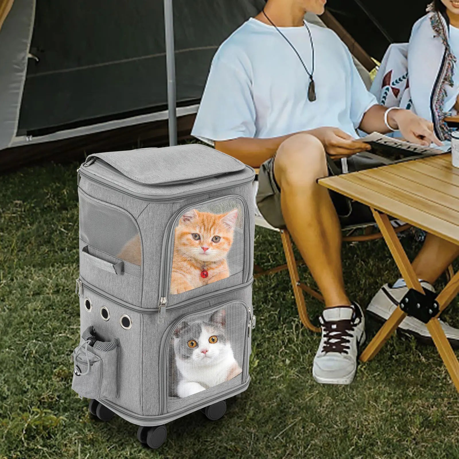 Double-Compartment Pet Rolling Carrier Cat Carrier w/Wheels Ventilated Design Pet Trolley Bag for 2 Pets Traveling, Camping
