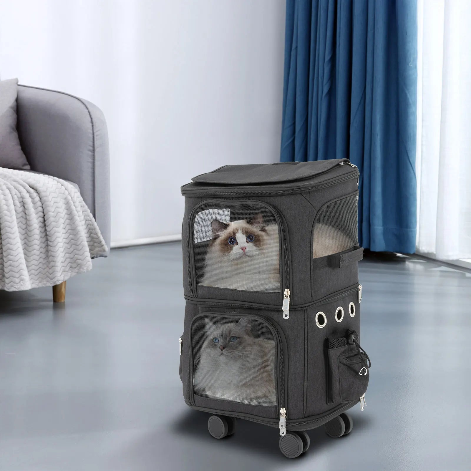 Double-Compartment Pet Rolling Carrier Cat Carrier w/Wheels Ventilated Design Pet Trolley Bag for 2 Pets Traveling, Camping