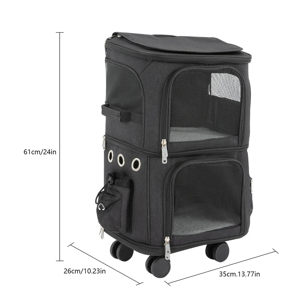 Double-Compartment Pet Rolling Carrier Cat Carrier w/Wheels Ventilated Design Pet Trolley Bag for 2 Pets Traveling, Camping