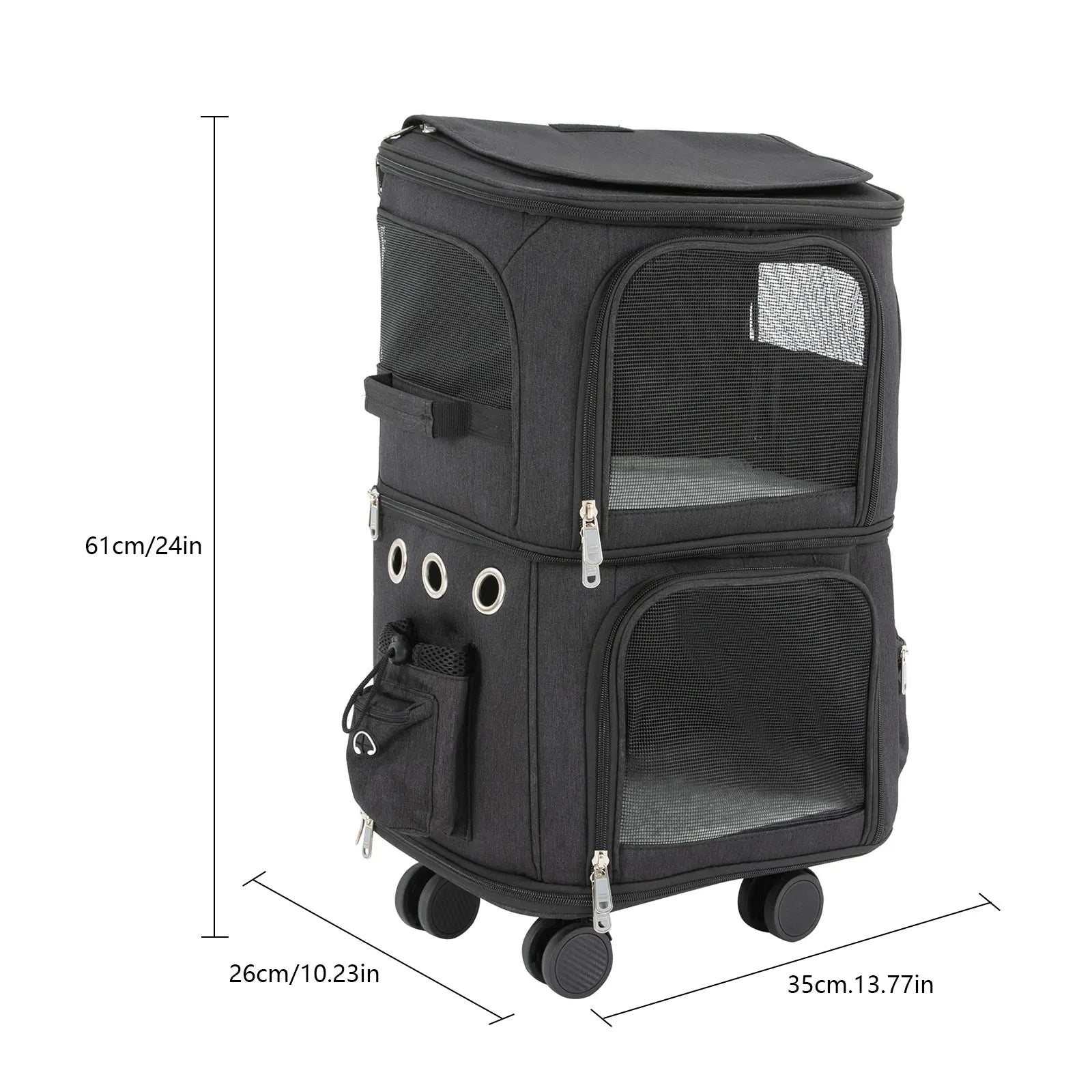 Double-Compartment Pet Rolling Carrier Cat Carrier w/Wheels Ventilated Design Pet Trolley Bag for 2 Pets Traveling, Camping
