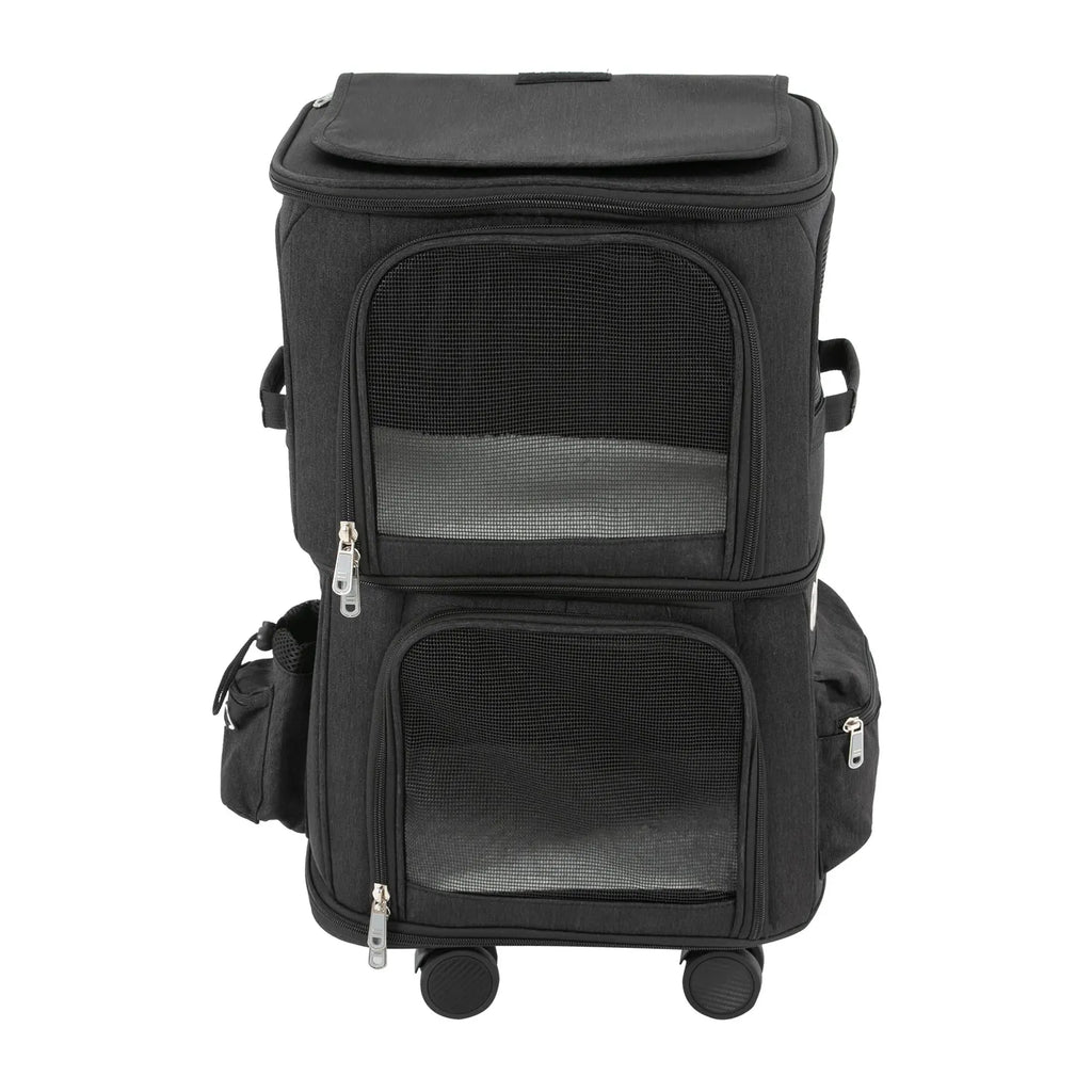 Double-Compartment Pet Rolling Carrier Cat Carrier w/Wheels Ventilated Design Pet Trolley Bag for 2 Pets Traveling, Camping