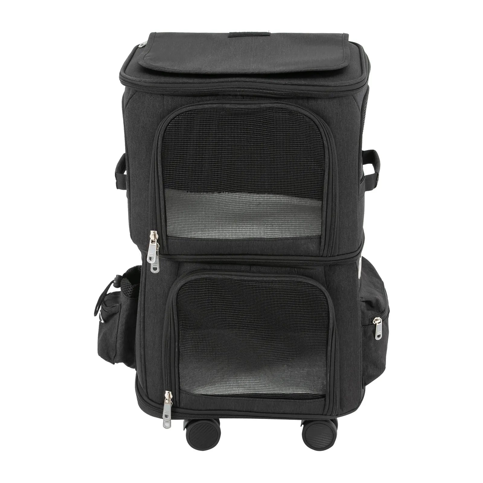 Double-Compartment Pet Rolling Carrier Cat Carrier w/Wheels Ventilated Design Pet Trolley Bag for 2 Pets Traveling, Camping