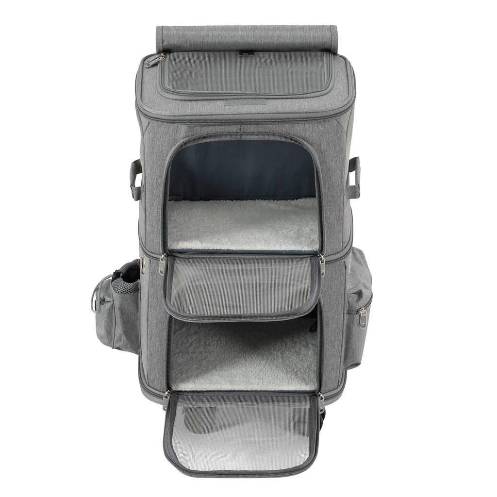 Double-Compartment Pet Rolling Carrier Cat Carrier w/Wheels Ventilated Design Pet Trolley Bag for 2 Pets Traveling, Camping