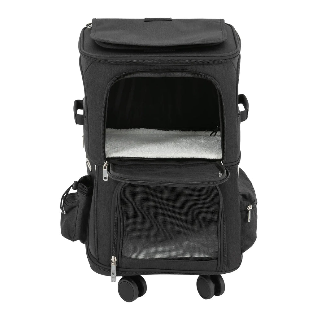 Double-Compartment Pet Rolling Carrier Cat Carrier w/Wheels Ventilated Design Pet Trolley Bag for 2 Pets Traveling, Camping