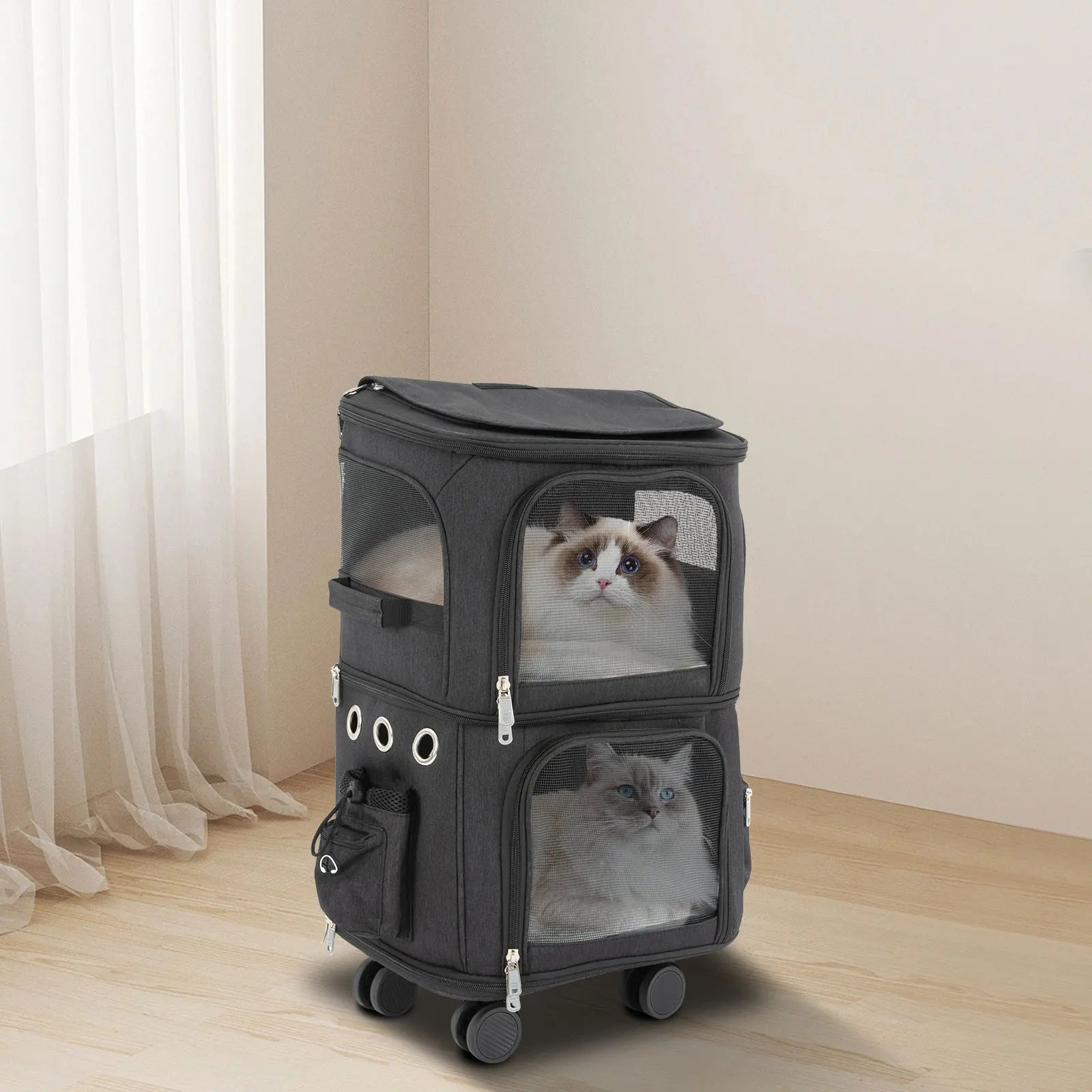 Double-Compartment Pet Rolling Carrier Cat Carrier w/Wheels Ventilated Design Pet Trolley Bag for 2 Pets Traveling, Camping