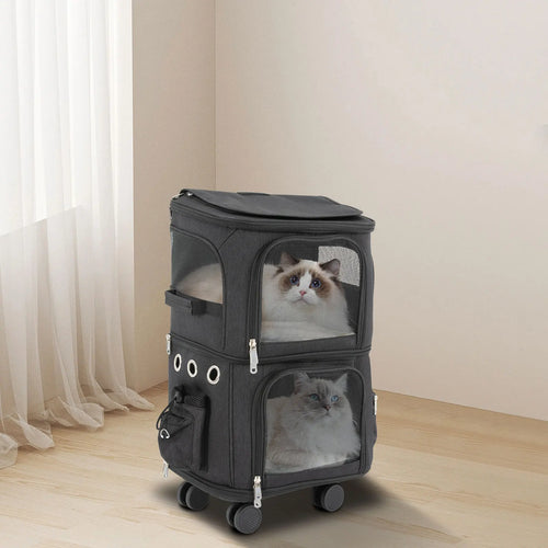 Double-Compartment Pet Rolling Carrier Cat Carrier w/Wheels Ventilated Design Pet Trolley Bag for 2 Pets Traveling, Camping