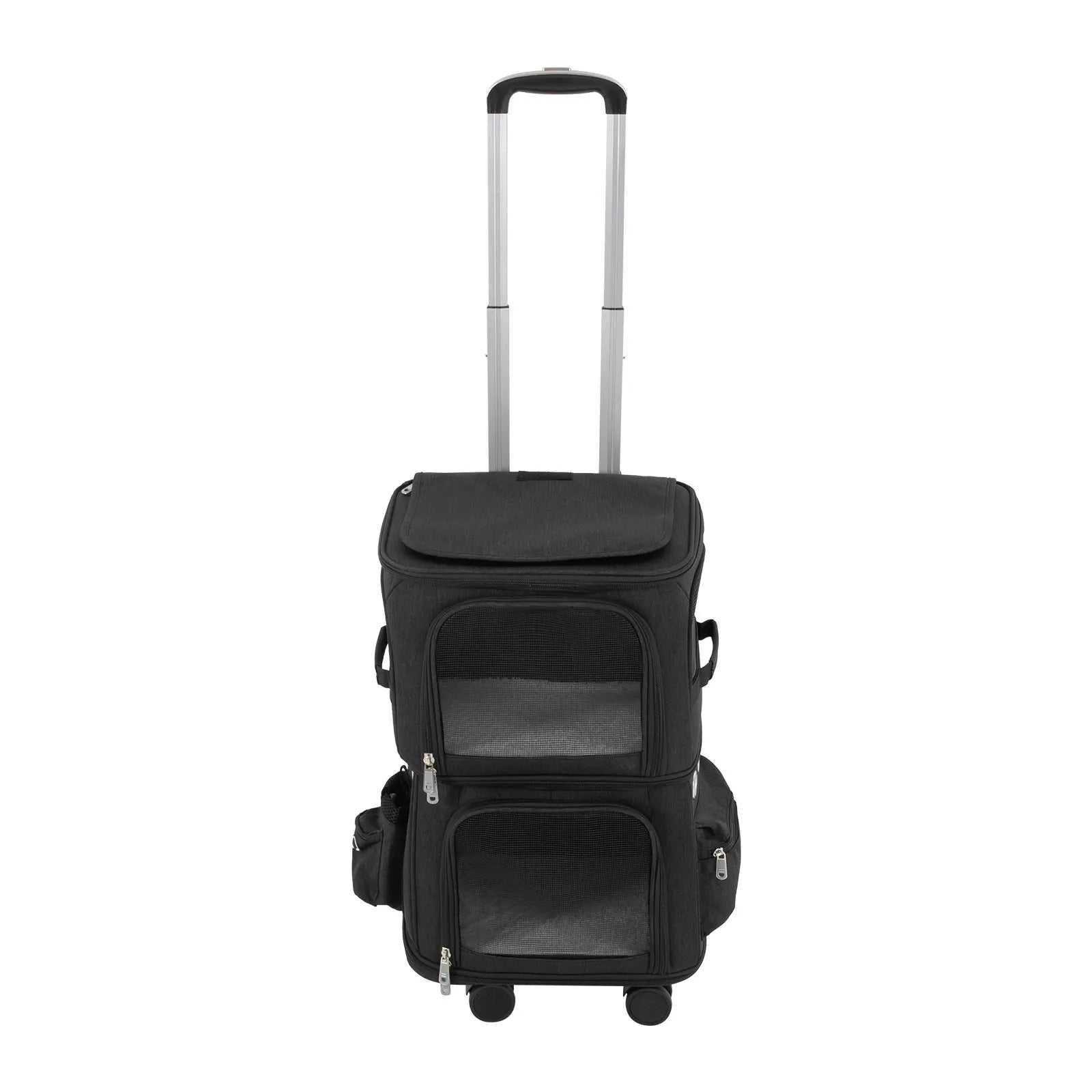 Double-Compartment Pet Rolling Carrier Cat Carrier w/Wheels Ventilated Design Pet Trolley Bag for 2 Pets Traveling, Camping