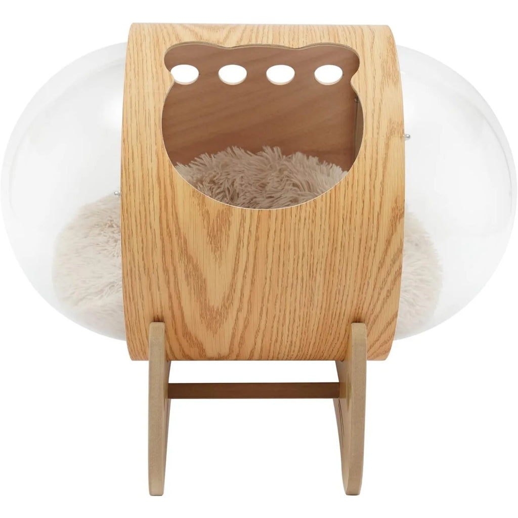 Luxury Cat Pod Bed, Wooden Frame with Clear Acrylic Dome & 3.9" Thick Cushion, Supports 18.7lb Pets (Ventilation Holes)