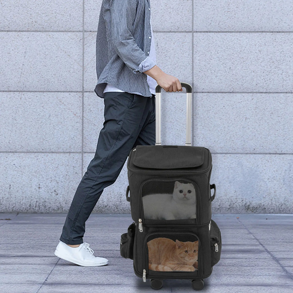 Double-Compartment Pet Rolling Carrier Cat Carrier w/Wheels Ventilated Design Pet Trolley Bag for 2 Pets Traveling, Camping