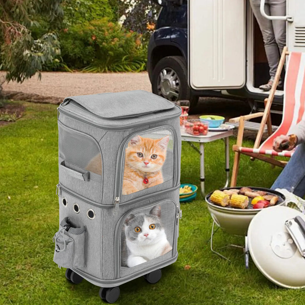 Double-Compartment Pet Rolling Carrier Cat Carrier w/Wheels Ventilated Design Pet Trolley Bag for 2 Pets Traveling, Camping