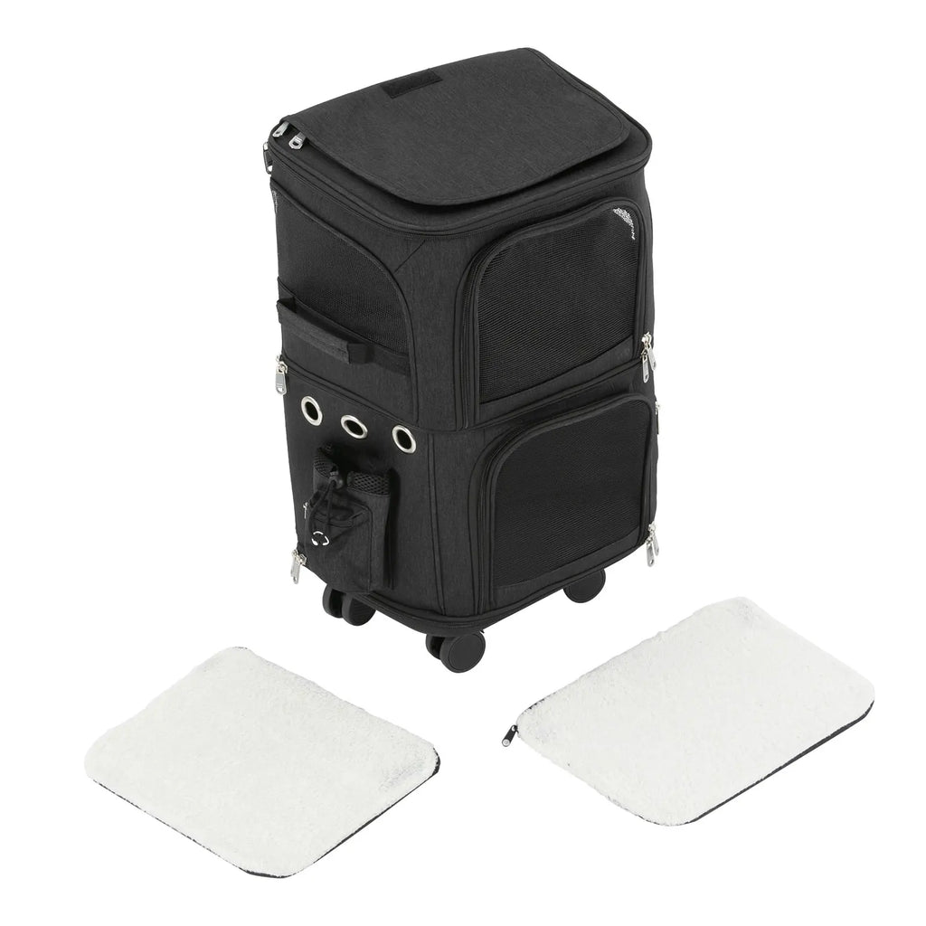 Double-Compartment Pet Rolling Carrier Cat Carrier w/Wheels Ventilated Design Pet Trolley Bag for 2 Pets Traveling, Camping