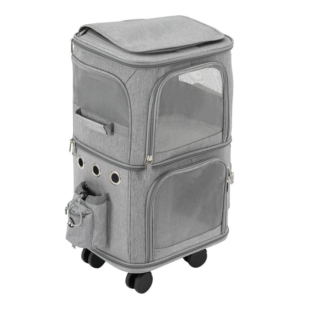Double-Compartment Pet Rolling Carrier Cat Carrier w/Wheels Ventilated Design Pet Trolley Bag for 2 Pets Traveling, Camping