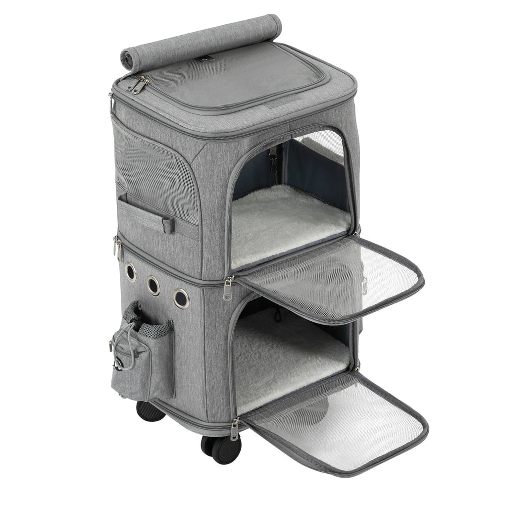 Double-Compartment Pet Rolling Carrier Cat Carrier w/Wheels Ventilated Design Pet Trolley Bag for 2 Pets Traveling, Camping