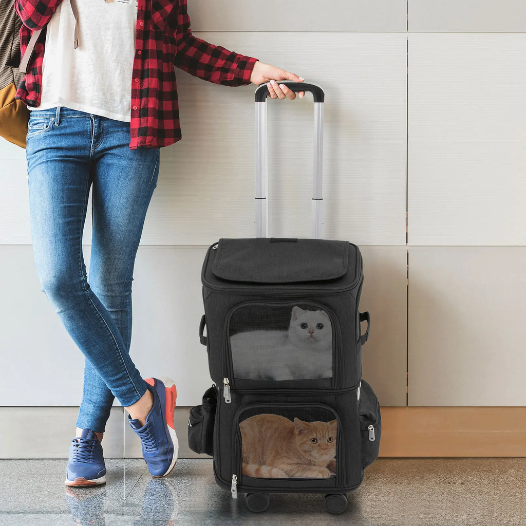 Double-Compartment Pet Rolling Carrier Cat Carrier w/Wheels Ventilated Design Pet Trolley Bag for 2 Pets Traveling, Camping