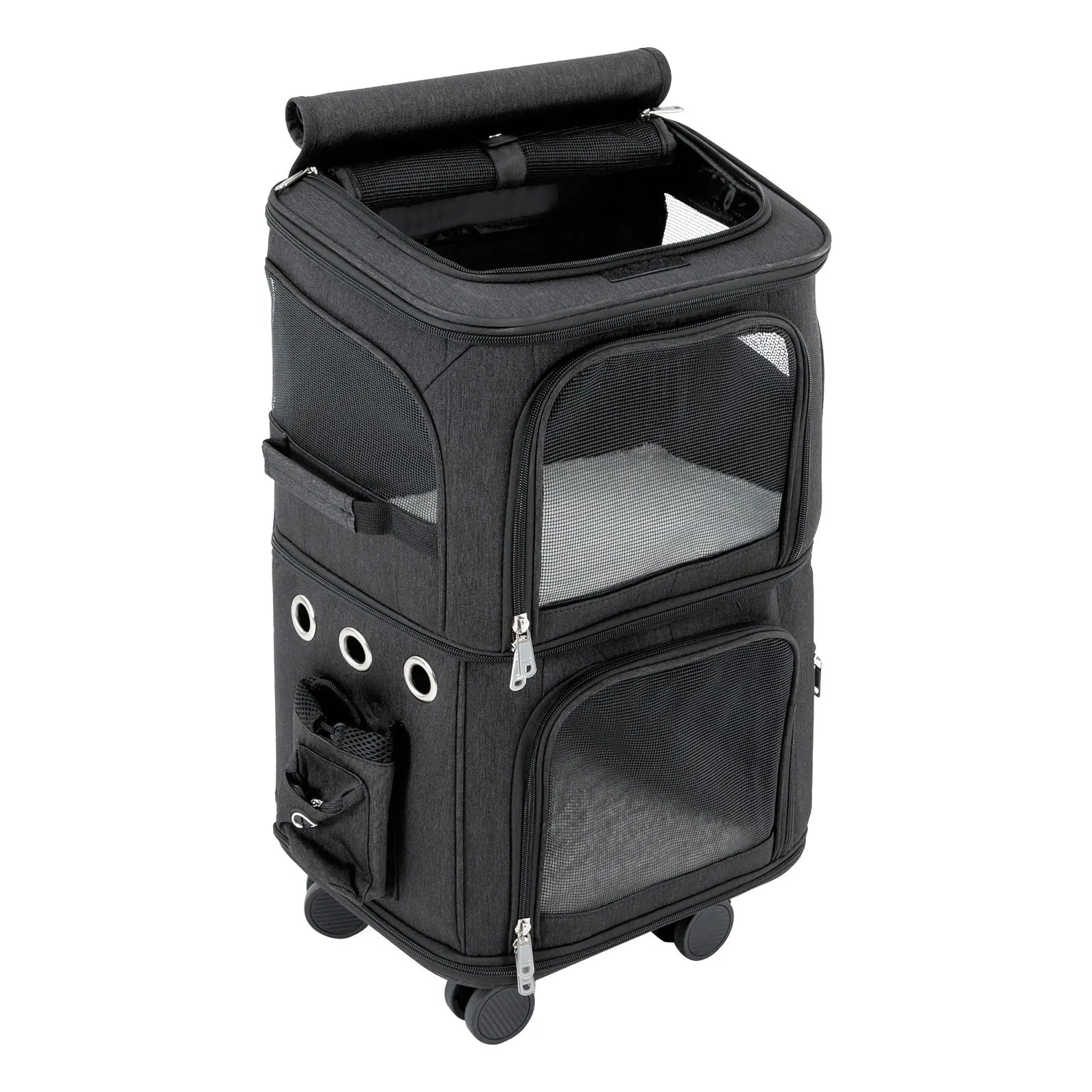 Double-Compartment Pet Rolling Carrier Cat Carrier w/Wheels Ventilated Design Pet Trolley Bag for 2 Pets Traveling, Camping