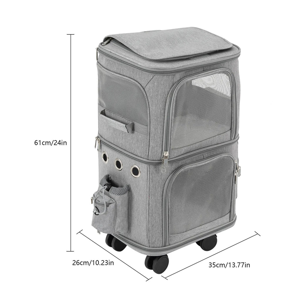 Double-Compartment Pet Rolling Carrier Cat Carrier w/Wheels Ventilated Design Pet Trolley Bag for 2 Pets Traveling, Camping