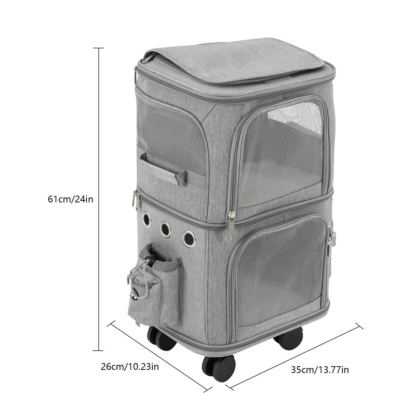 Double-Compartment Pet Rolling Carrier Cat Carrier w/Wheels Ventilated Design Pet Trolley Bag for 2 Pets Traveling, Camping