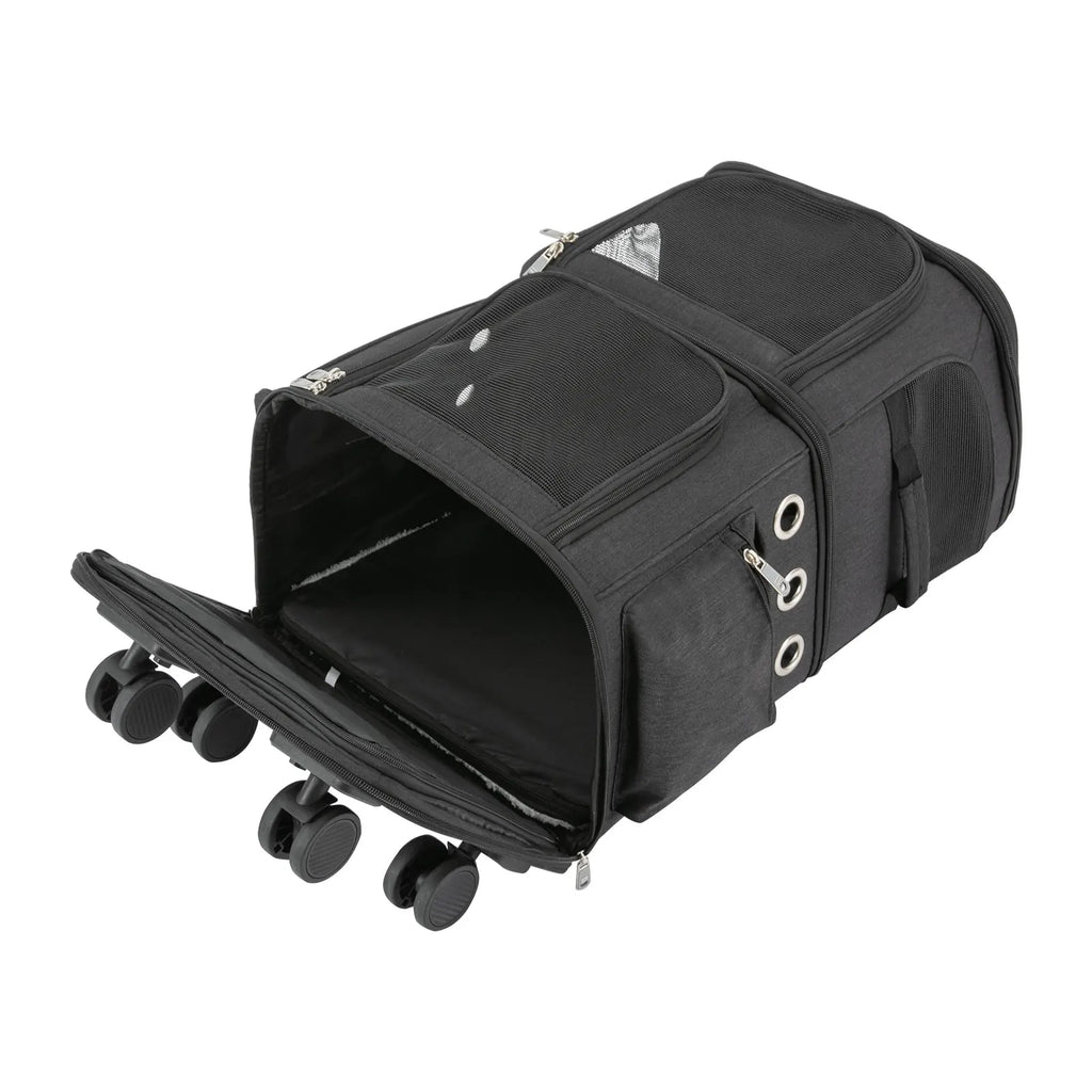 Double-Compartment Pet Rolling Carrier Cat Carrier w/Wheels Ventilated Design Pet Trolley Bag for 2 Pets Traveling, Camping