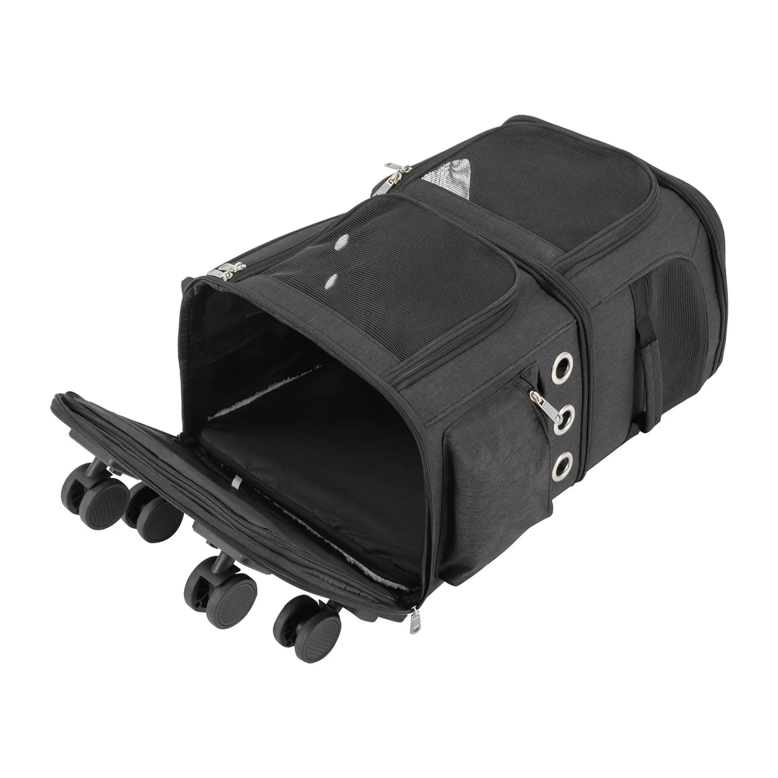 Double-Compartment Pet Rolling Carrier Cat Carrier w/Wheels Ventilated Design Pet Trolley Bag for 2 Pets Traveling, Camping