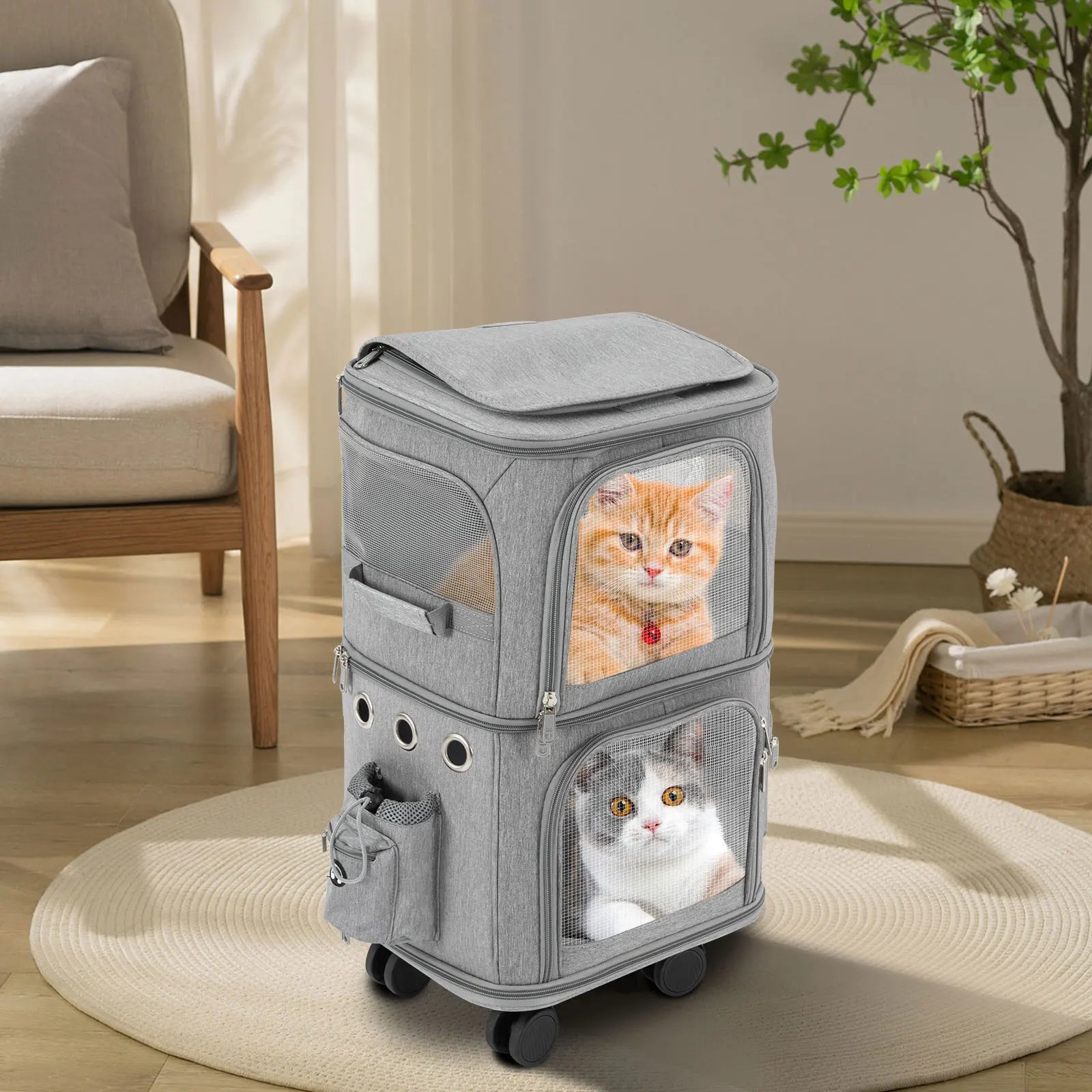 Double-Compartment Pet Rolling Carrier Cat Carrier w/Wheels Ventilated Design Pet Trolley Bag for 2 Pets Traveling, Camping